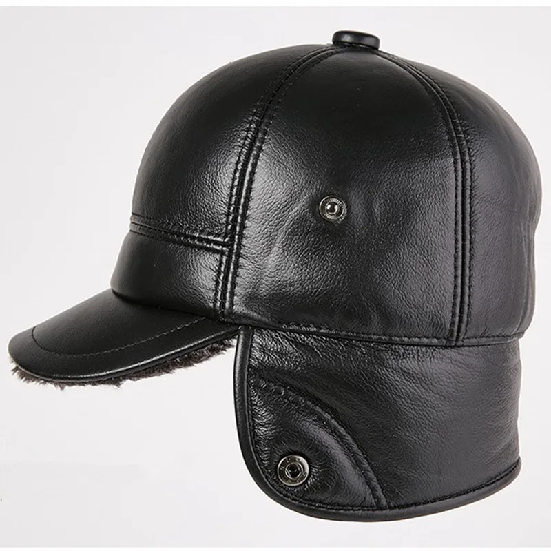 XdanqinX Genuine Leather Hat Men\'s Winter Warm Baseball Caps Snapback Dad Cap Plus Velvet Thicken Cowhide Earmuffs Hats For Men