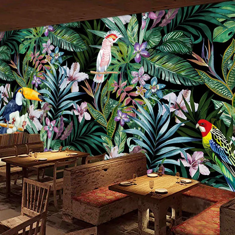 Custom mural watercolor flowers and birds wallpaper 3d tropical rain forest oil painting restaurant sofa background  home decor