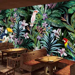 Papier peint aquarelle personnalisé avec fleurs et oiseaux, peinture à l'huile de forêt tropicale 3D, fond de canapé de restaurant, décoration d'intérieur