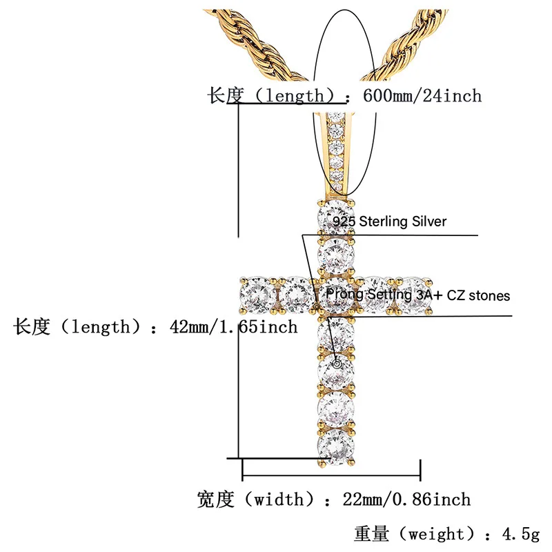 S925 Sterling Silver Prong Setting AAA CZ Stone Bling Ice Out Cross  Pendants Necklaces Women Men Hip Hop Rapper Jewelry