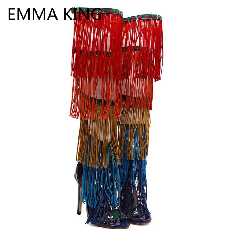 2019 Rainbow Fringe Summer Over The Knee Boots For Women Gladiator Sandals Open Toe Sexy Ladies Platform Shoes Woman High Heels