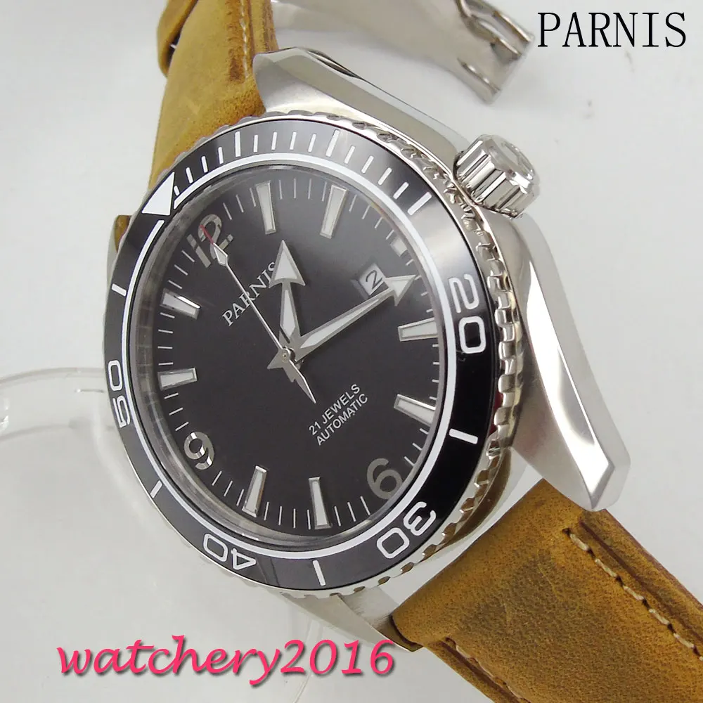 

New 45mm Parnis Black Dial Stainless Steel Case Date adjust 21 jewels MIYOTA Automatic Movement Men's wristWatch