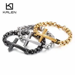 KALEN Stainless Steel Cross Bracelets For Men 22cm GoldMatte Crucifix Charm Box Chain Bracelet Religious Christ Jewelry