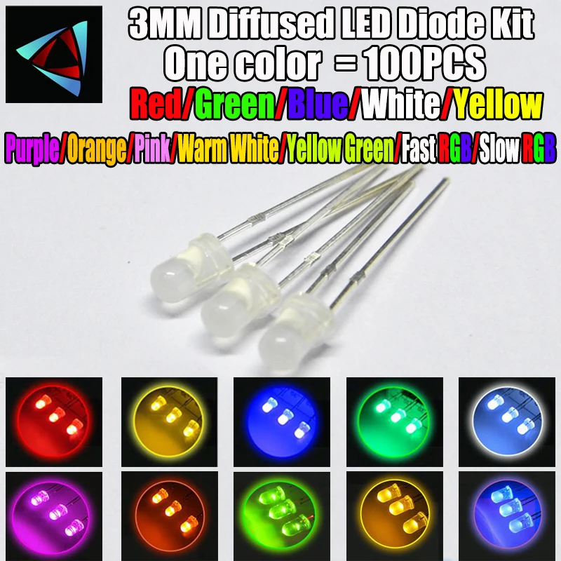 100pcs 3 millimetri Misty LED Diffuso Kit 3 millimetri 3V Bianco Caldo Rosso Verde Blu Giallo Arancione Viola UV Rosa Veloce Lento RGB 10 colori