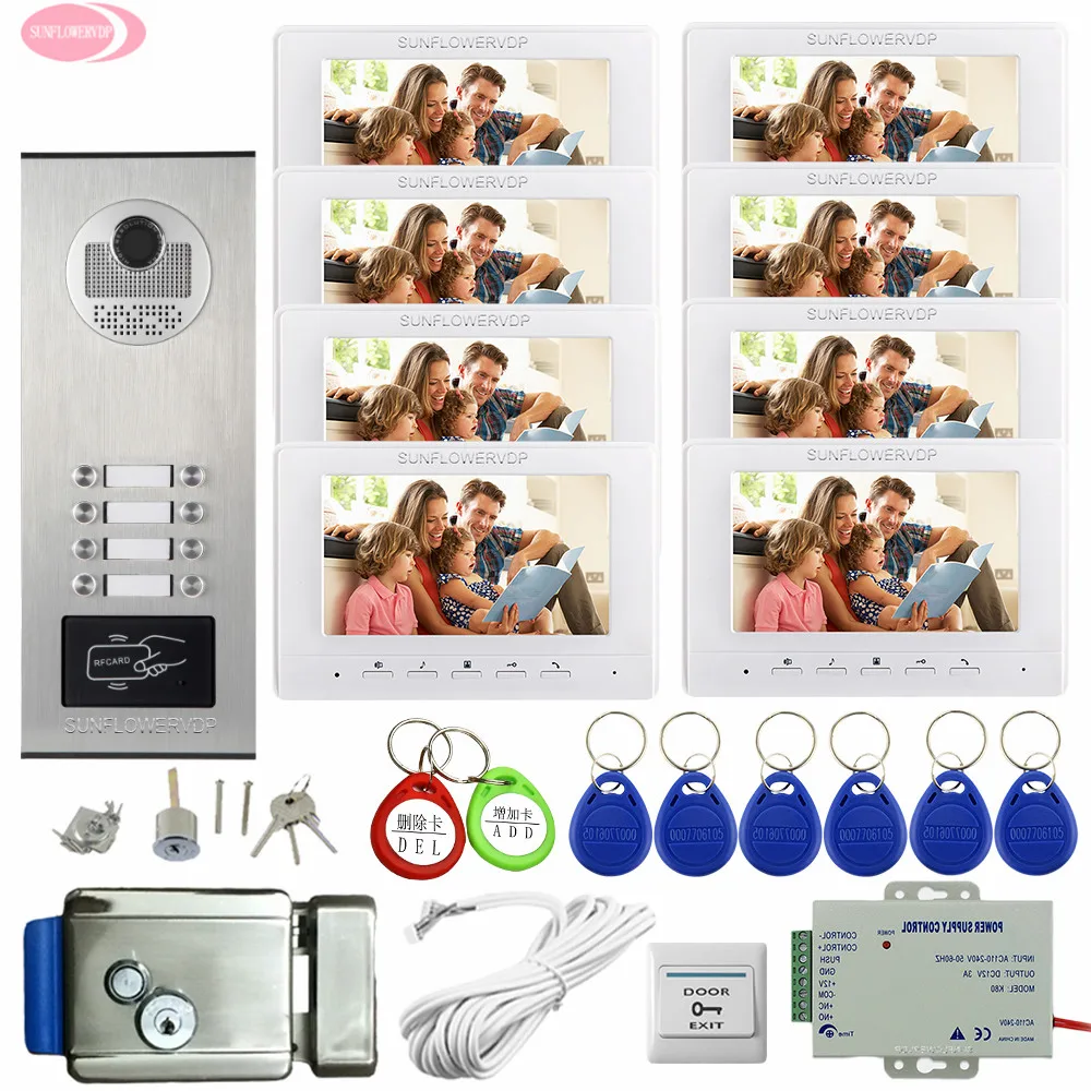 8 Buttons Outdoor Camera + 8 Lcd Color 7inch MonitorsVideo Call With a Monitor For The Door With Electronic Door Lock  Doorphone