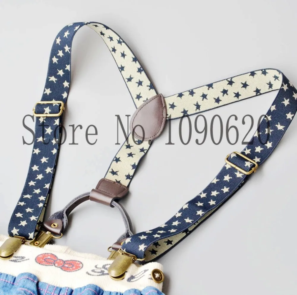 Suspender kualitas 2.5cm untuk anak-anak, kawat gigi bintang jacquard biru gelap, suspender elastis balita dengan tab kulit asli uniseks