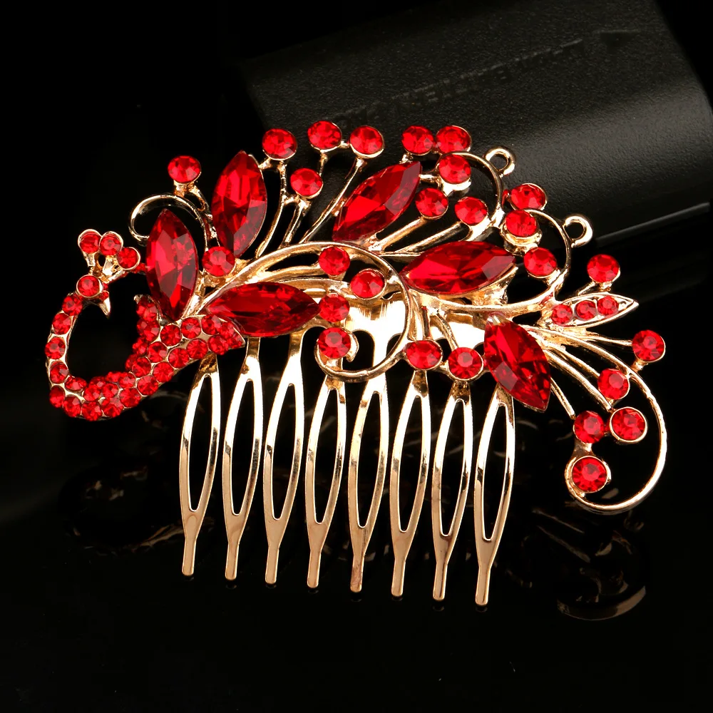 BLIJERY Gold Color Crystal Wedding Hair Combs Red Rhinestone Floral Bridal Hair Accessories Party Show Tiaras Women Hair Jewelry