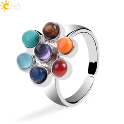 CSJA 1Pc 7 Chakra Rings Reiki Energy Healing Point Stone Beads Adjustable Ring Rainbow Flower Women Finger Ring Jewelry E042
