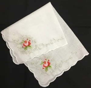 Juego de 12 pañuelos nupciales de moda para boda, pañuelo de algodón blanco con bordes festoneados y bordado de Color Floral, 12x12 pulgadas