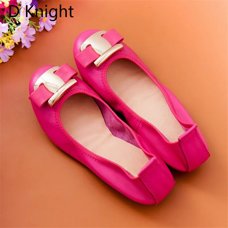 2022 New Women Flat Loafers Shoes Slip-on Bow Metal Decoration Casual Ballet Flat Genuine Leather Women Ballerina Shoes Big Size