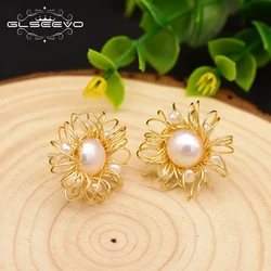 GLSEEVO 925 Sterling Silver Natural Fresh Water Pearl For Women Party Engagement Gift Stud Earrings Bijoux Fine Jewelry GE0738