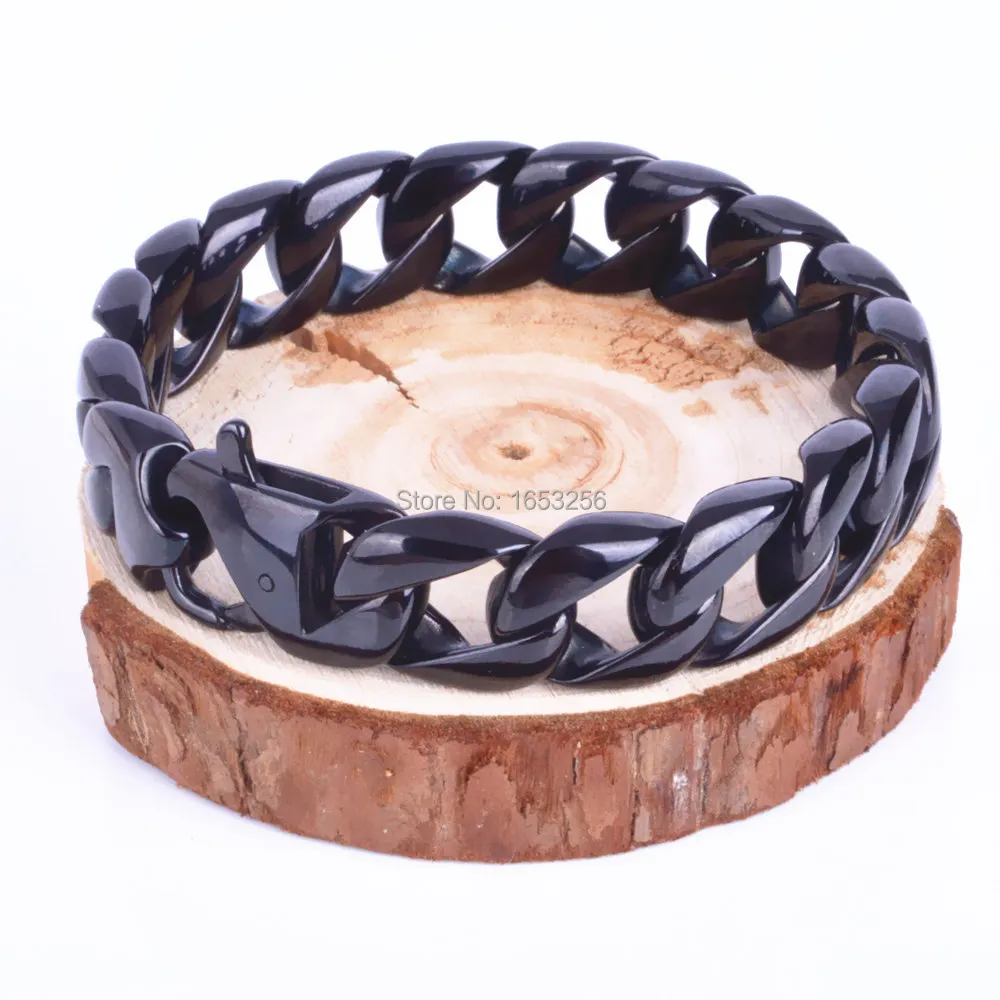 Imagem -05 - Pulseira Preta Lisa Masculina Bracelete de Corrente Cubana com 24 mm de Aço Inox Resistente Joia para Presente de Festas para Homens