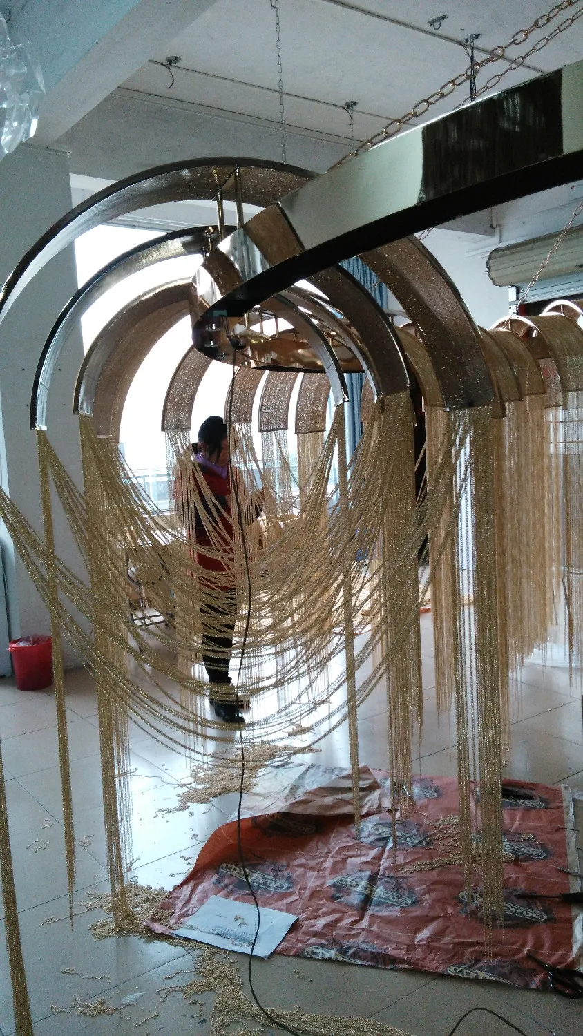 Baru Mewah Besar Rantai Rumbai Pendant Lamp LED Emas/Perak Disesuaikan Diameter 4.5 M Aluminium