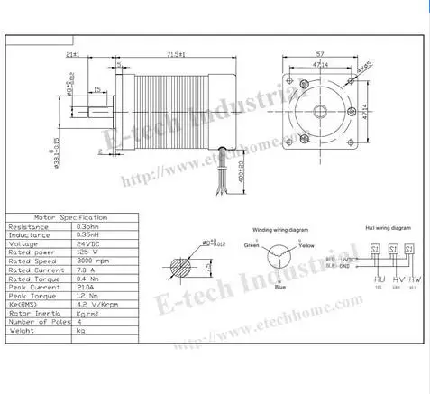 3 Phase 24V BLDC 57mm Brushless DC Motor 125W 3000rpm 0.4N.m (55.6oz-in) Square Flange Frame