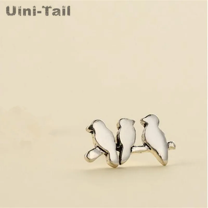 Uini-Tail Hot 925 Tibetan silver personality simple three bird earrings wholesale retro old cute earrings hypoallergenic  ED139