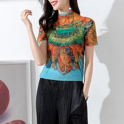 

HOT SELLING Miyake short sleeve o-neck printing fold half turtleneck Thin section office lady T-shirt IN STOCK