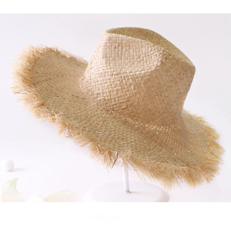 Summer Simple solid color Handmade Weave Raffia Sun Hats For Women Lace Up Large Brim Straw Hat Outdoor Beach Summer Caps