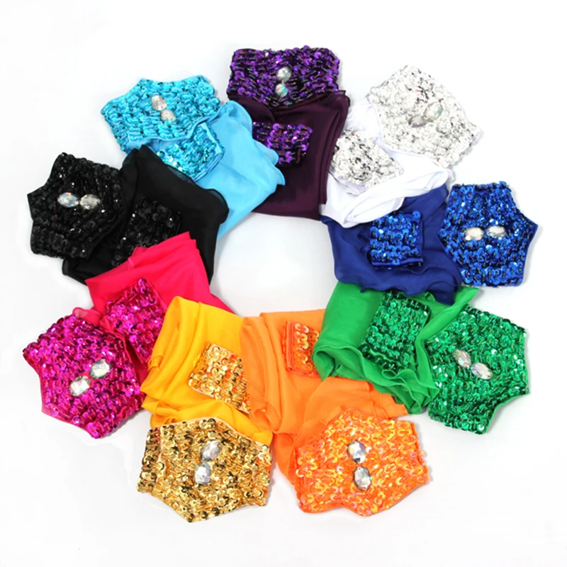 14 farben Großhandel Bauchtanz Kostüm Zubehör 1 Stück Arm Ärmeln Handgelenk Verstellbaren Chiffon Hülse Pailletten Armbinden