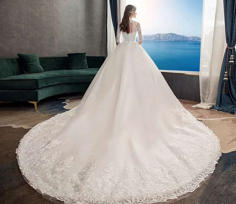 Robe de Mariée en Dentelle Brodée avec Grande Traîne, Tenue Vintage à Col Haut et Demi-Manches, pour Patients, 2023