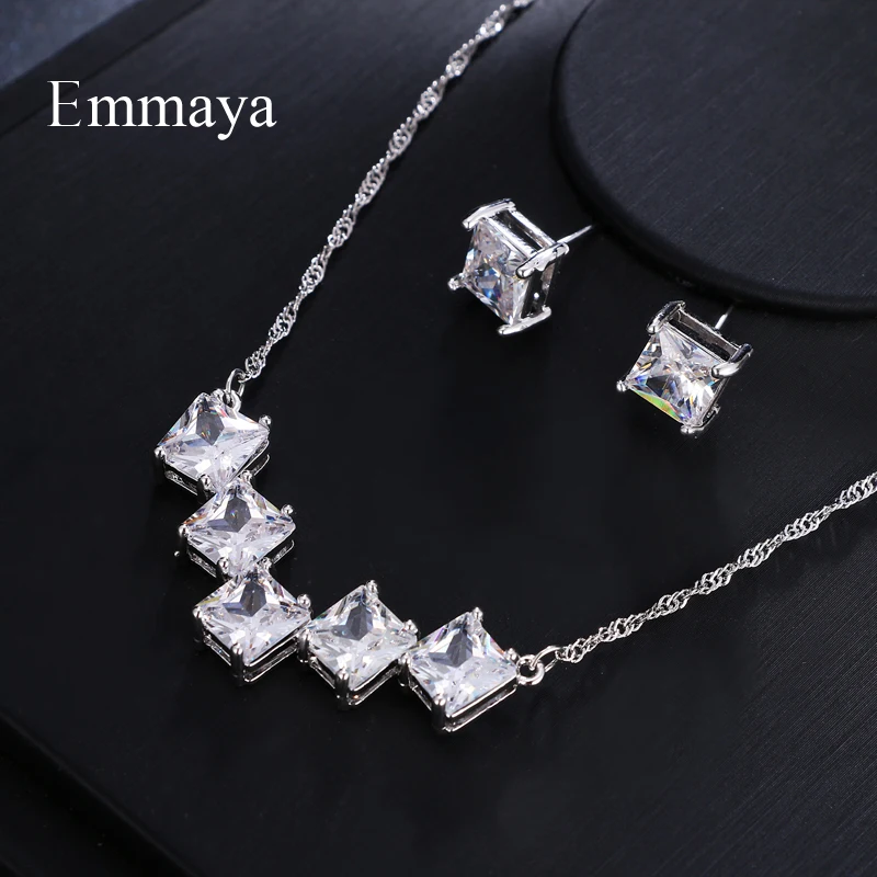 Emmaya Brand Luxury AAA Cubic Zircon Adjustable Geometic Crystal Earrings Necklace Set For Women Popular Bride Jewelry Gift