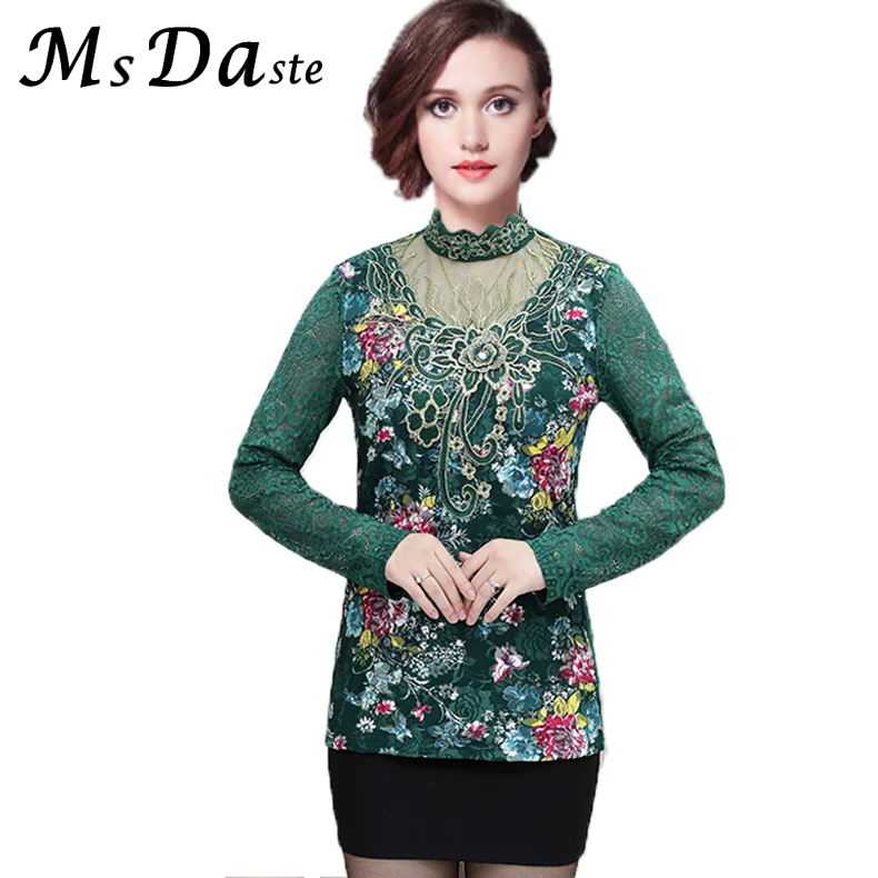 Women Lace Blouses 2019 Turtleneck Sexy Bodycon Floral Embroidery Lady Shirts Mom Tees Shirts Femme Blusas Feminina Red Blue Red