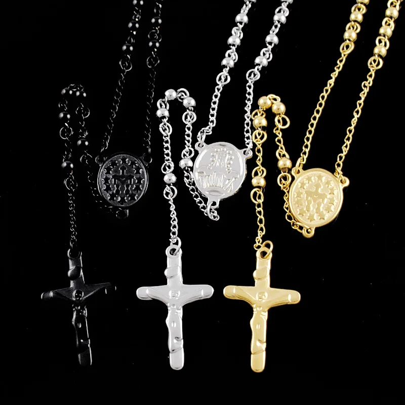 ATGO Rosary Beads chain Cross Religious Chain Stainless Steel Necklace Womens Mens fashion necklaces for women catholic BRN05