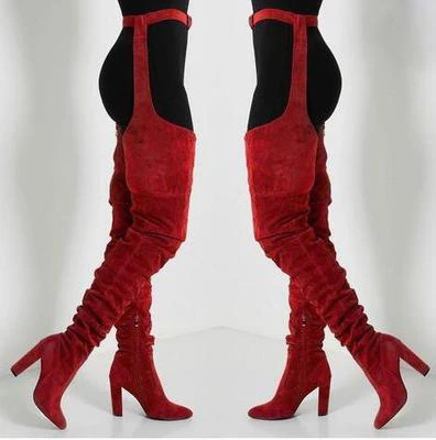 Sexy Solid Suede Leather Women Over Knee Long Boots Pointed Toe Ladies Belt Thigh High Boots Chunky High heels Long Boots image 2