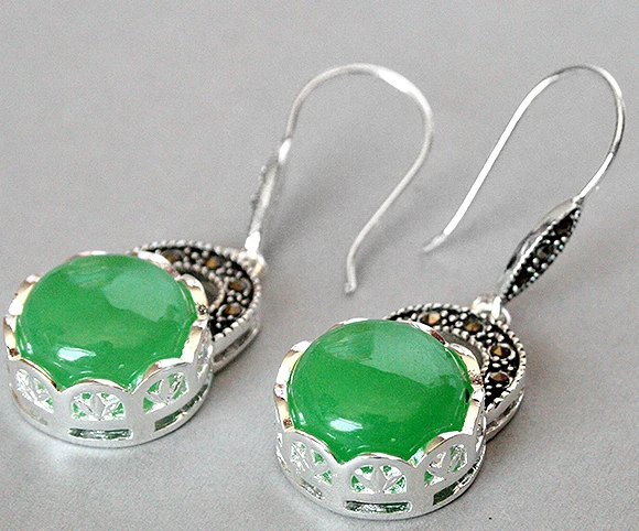 wholesale good earring for women sterling-- Fashion S Sterling  Natural Green gem Marcasite Earrings