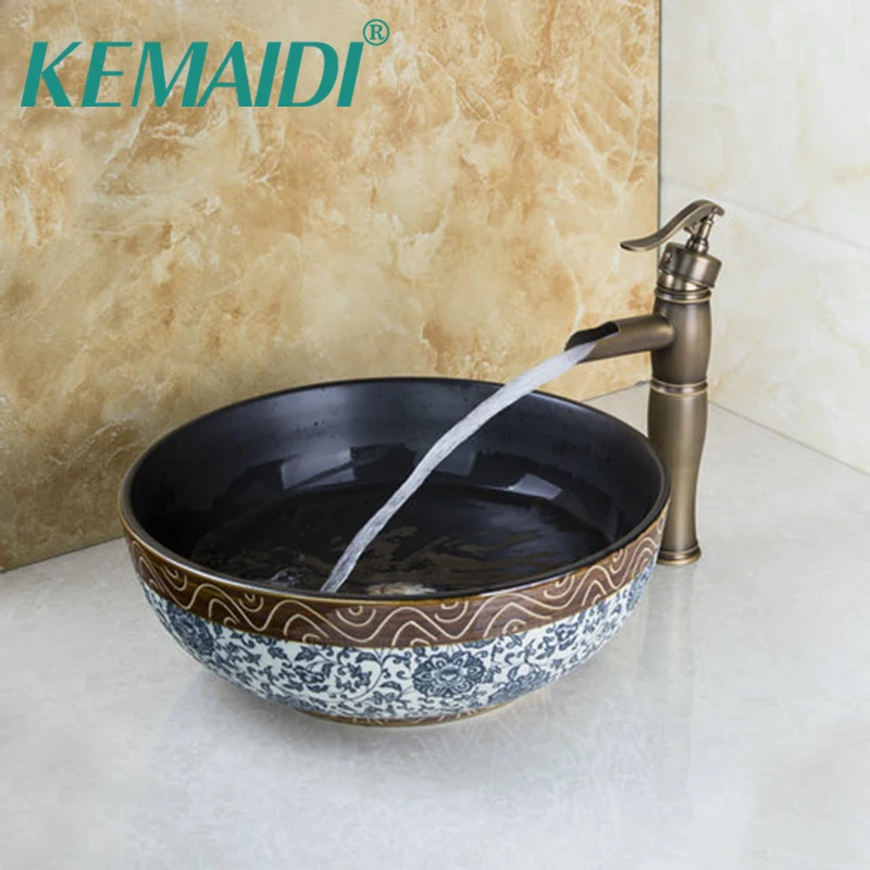 

KEMAIDI Bathroom Sink Washbasin Ceramic +Antique Brass Tall Waterfall Faucet Lavatory Bath Combine Set Tap Mixer Faucet Sets