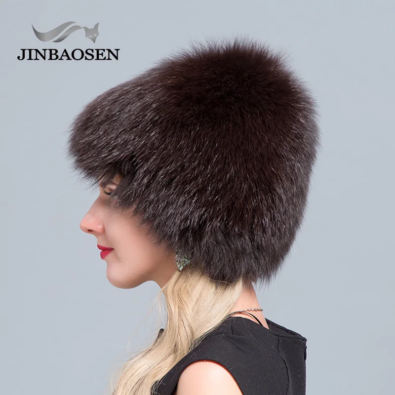 JINBAOSEN  Women\'s Fur Hat Natural Fox Hat Winter Thic and Warm Ears Fashionable Knitted Ski Caps