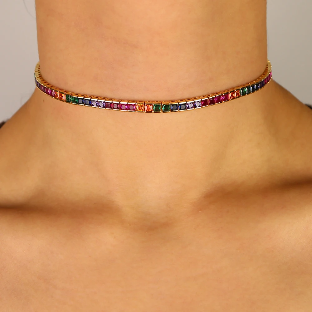 Collar de circonia cúbica para mujer, gargantilla de cadena de tenis de arcoíris verde de 4MM, con capas extendidas de 30 + 10cm, joyería de zirconia cúbica con bisel