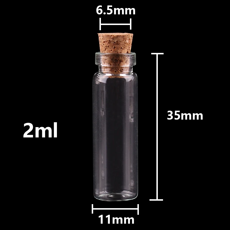 Size 11*35*6.5mm 2ml Mini Glass Wishing Bottles Tiny Jars Vials With Cork Stopper 100pcs