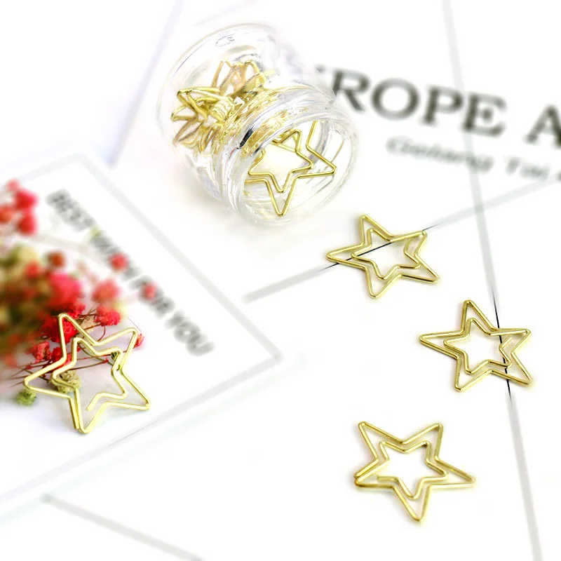 TUTU 10PCS/LOT Electroplated Gold star Paper Clip Pin Metal Clip Bookmarks Storage Office Accessories Cute Bow Paper clips H0022