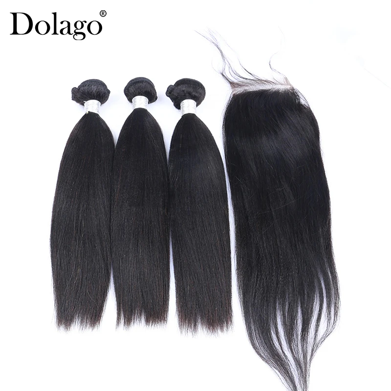 Yaki Straight Brazilian Hair Weave Bundles 3 Human Hair Bundles With Closure 4 Pcs Remy Coarse Yaki Dolago Hair Products