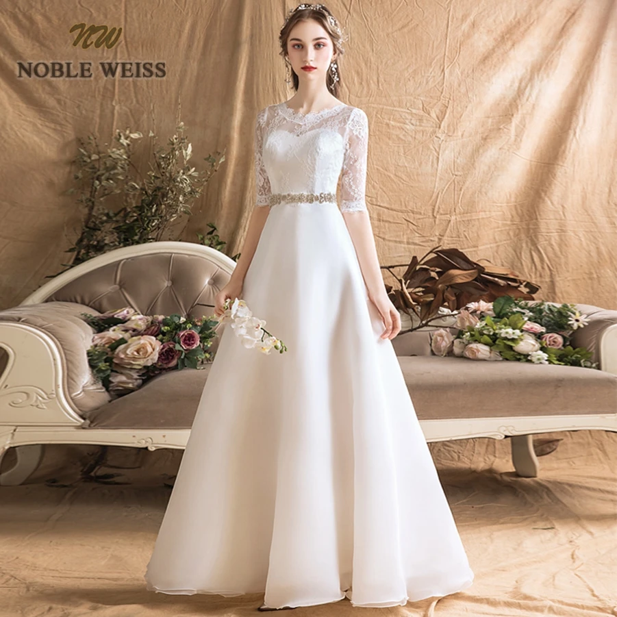 prom dresses organza a-line simple wedding dress sexy floor-length sashes bridal dresses with half sleeves lace wedding gown