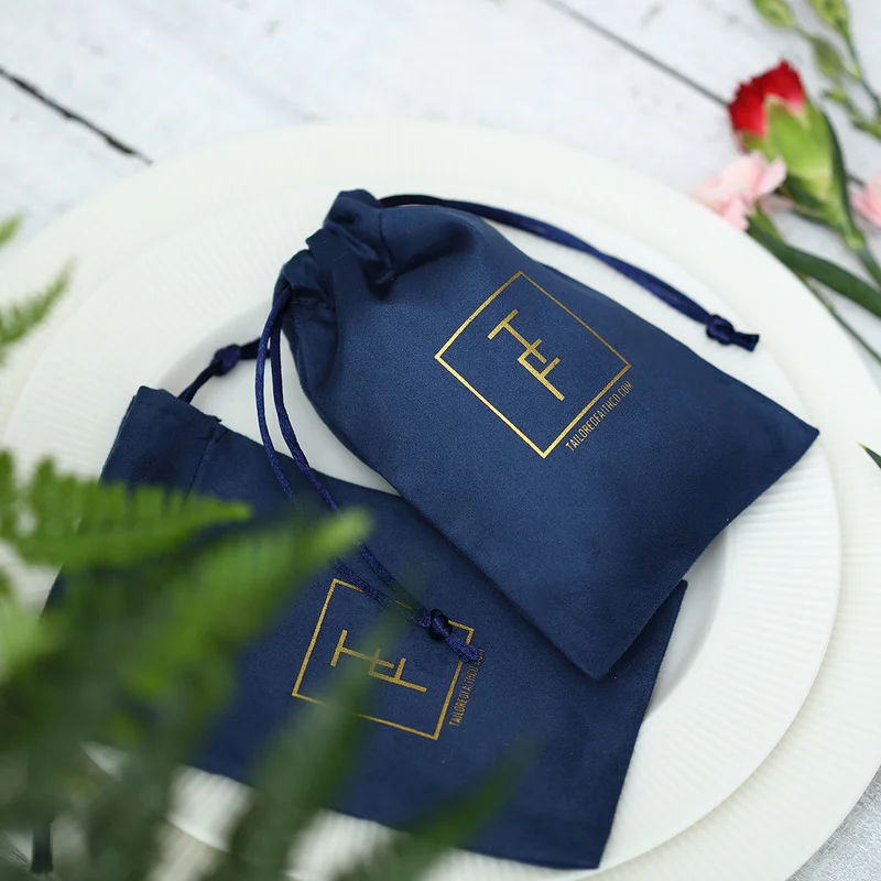Flannel Jewelry Pouches Custom Logo Size Navy Blue Velvet Drawstring Earrings Packaging Organizer Gift Bag for Wedding Bulk 100