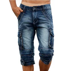 Idopy calças jeans masculinas casuais, calções cargo retrô, vintage, lavado, slim fit, jeans, bolsos grandes, calças motociclista militar para homens