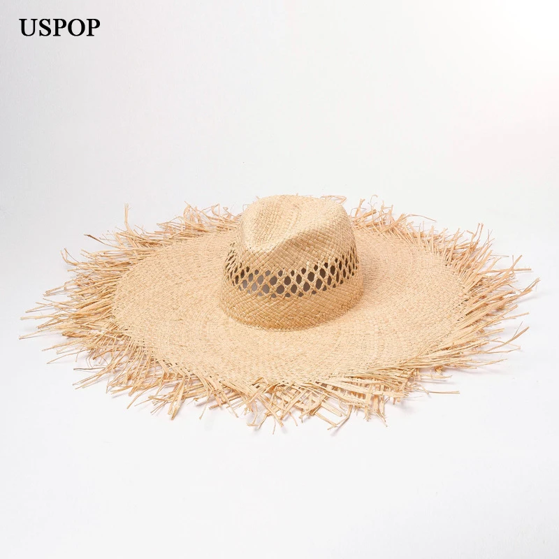 USPOP summer hats raffia sun hats for women hand made hollow out straw hat wide brim rough edges beach hat casual shade