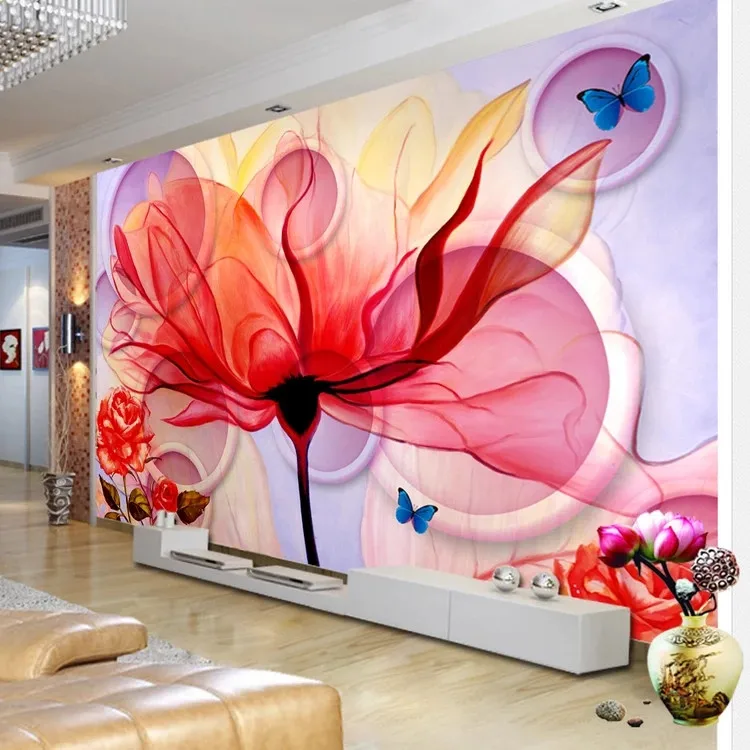 

Hottest Fashion Interior 3D Flower Wallpapers Personalized Custom Modern Red Smoke Circles Abstract Art Hotel Dining Room Mural