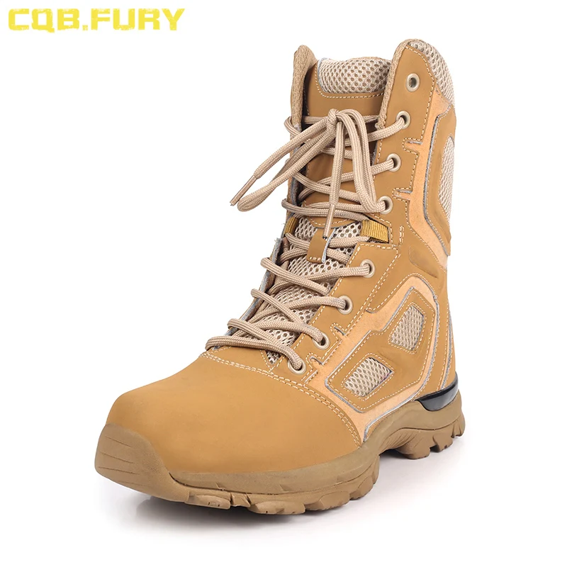 CQB.FURY Summer Men\'s Black Leather Tactical Boots Desert Cow Suede Combat Breathable Mesh Boots