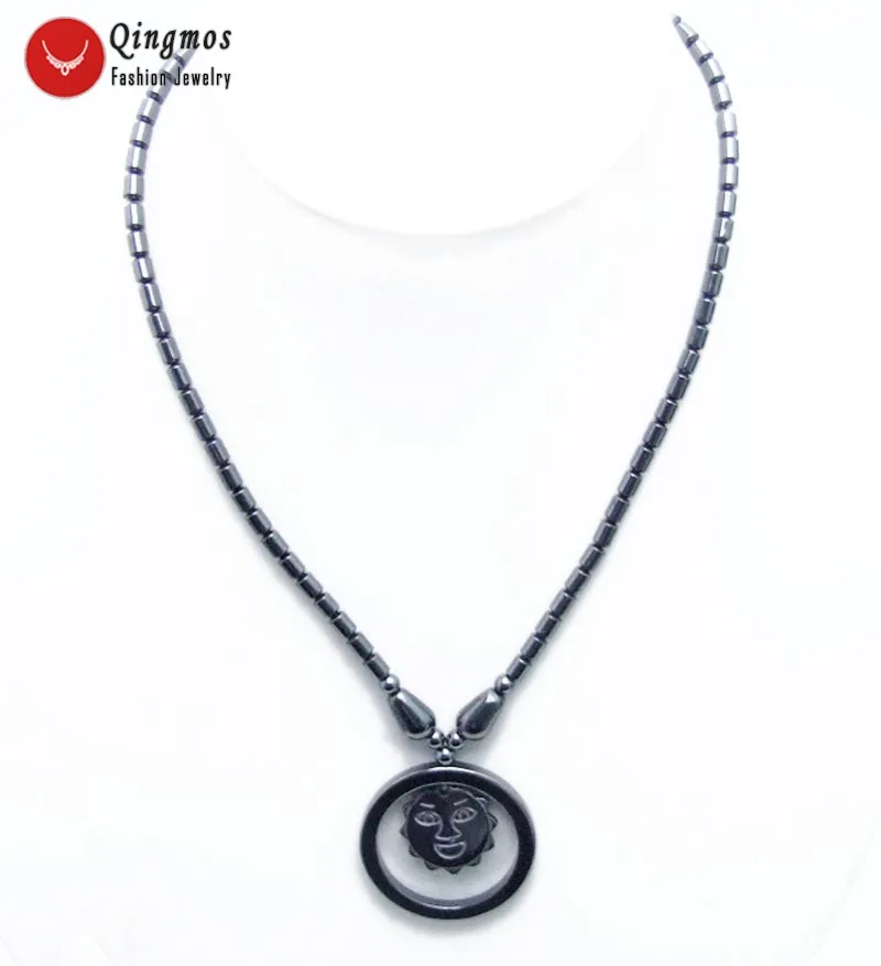 

Qingmos Natural Hematite Black 35mm Sun Pendant Necklace for Women with Knurl Shape Hematite Chokers Necklace Jewelry 18" ne5619