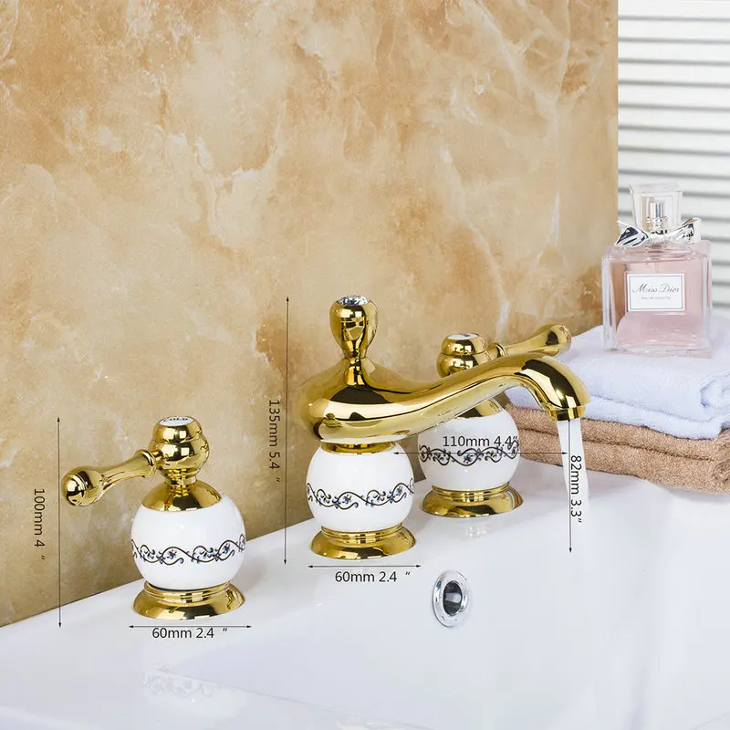 Monite Golden Polished 3 Pcs Set Bathtub European Design Bathroom Faucet Deck Mounted Luxury Shower Basin Mixer Tap Faucet