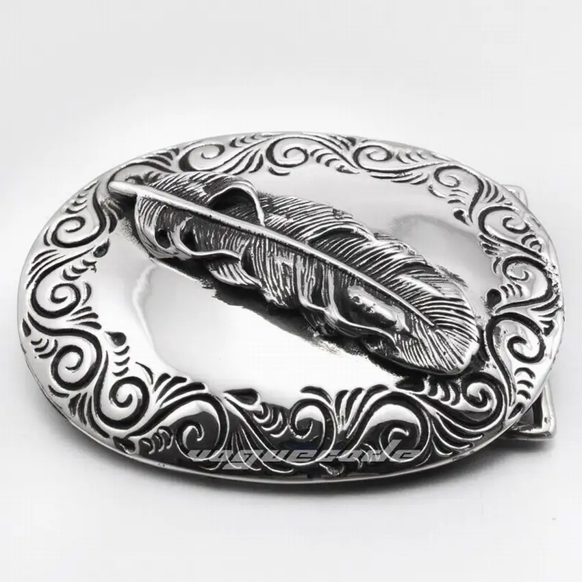 LINSION 316L Stainless Steel Feather Mens Biker Rock Punk Belt Buckle Q024