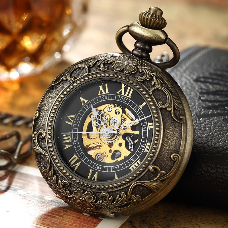 Luxe Retro Gouden Hollow Skeleton Mechanische Zakhorloge Mens Fob Ketting Stalen Prachtige Sculptuur Vrouwen Mannen Pocket Wath Gifs