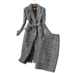 New Autumn Winter Women's Slim Long Woolen Coat Jacket + High Waist Plaid Skirt Two Pieces Professional Skirt Suit