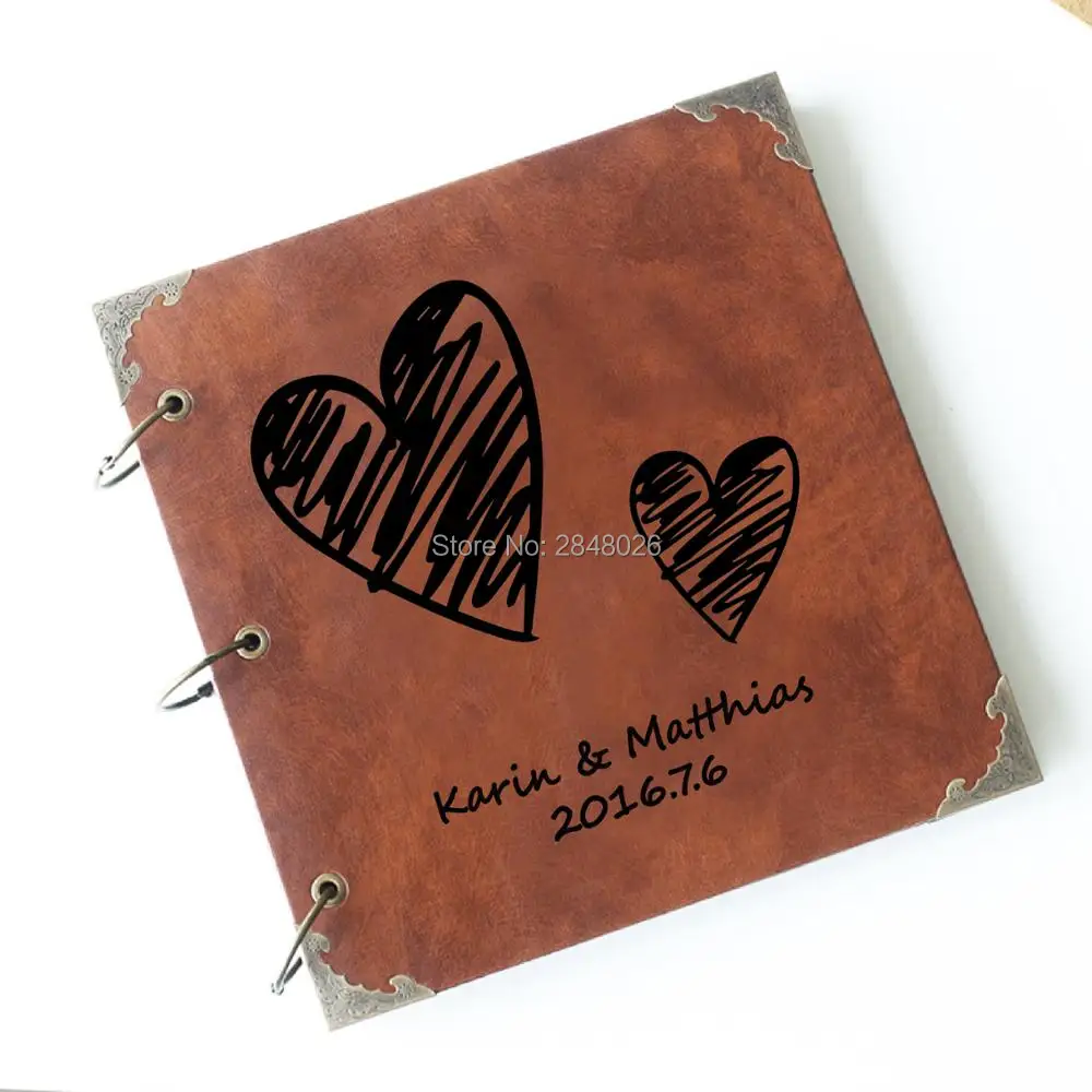 50 Pages Double Hearts Personalized Monogrammed Engraved Leather Photo Album,Custom Wedding guest book, gift for Couple