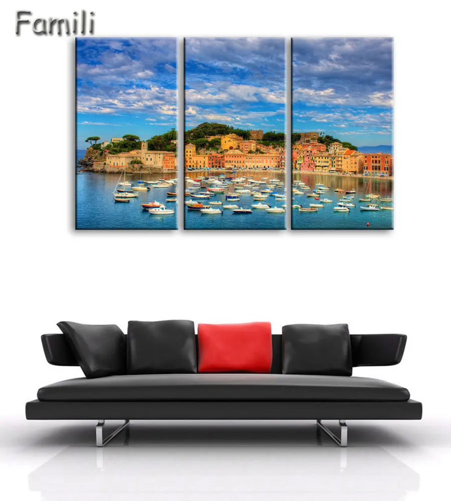 3 Pieces Modern Canvas Painting Wall Art Traditional Port Mediterranean Sea Cinque Terre Italy Coast Landscape Print On Canvas