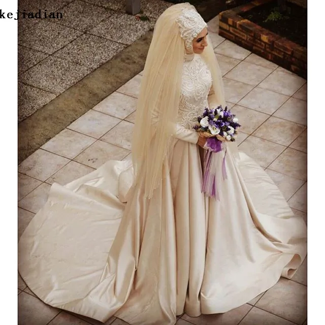 Robe de mariée musulmane à manches longues, couleur Champagne, voile Hijab, perles, tenue de mariage arabe Vintage, 2020