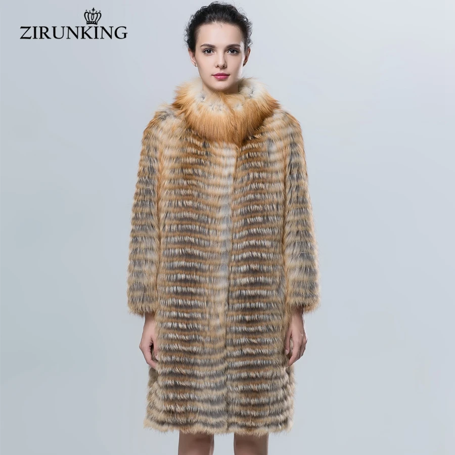 ZIRUNKING Genuine Real Fur Coat Real Red Fox Golden Color Women's Fur Coat  Luxury Knitted Striped Style Autumn Outwear ZC1625