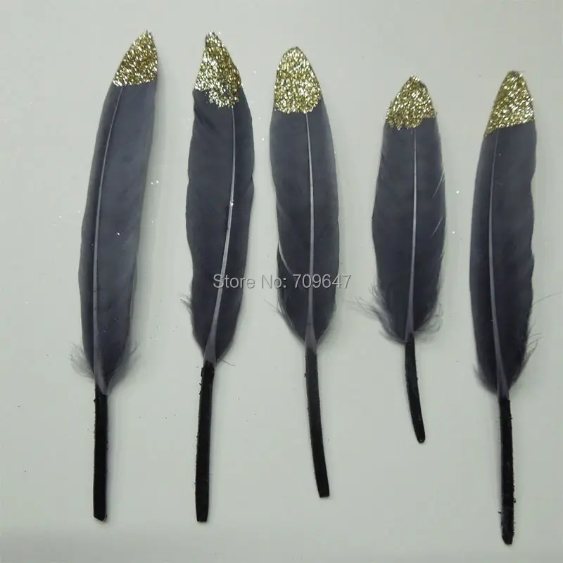 100 unids/lote de plumas de pato gris oscuro, bañadas a mano en oro y purpurina, buen material para tocados de boda, diademas